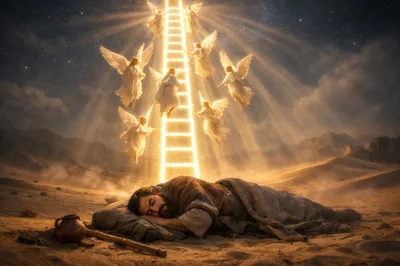 Biblical Jacob Sleeping Under A Glowing Stairway To Heaven