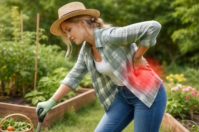 Woman Experiencing Back Pain While Gardening