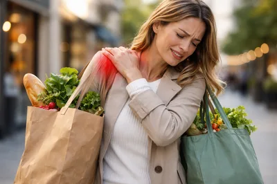 Woman Experiencing Shoulder Pain While Carrying Heavy Grocery Bags