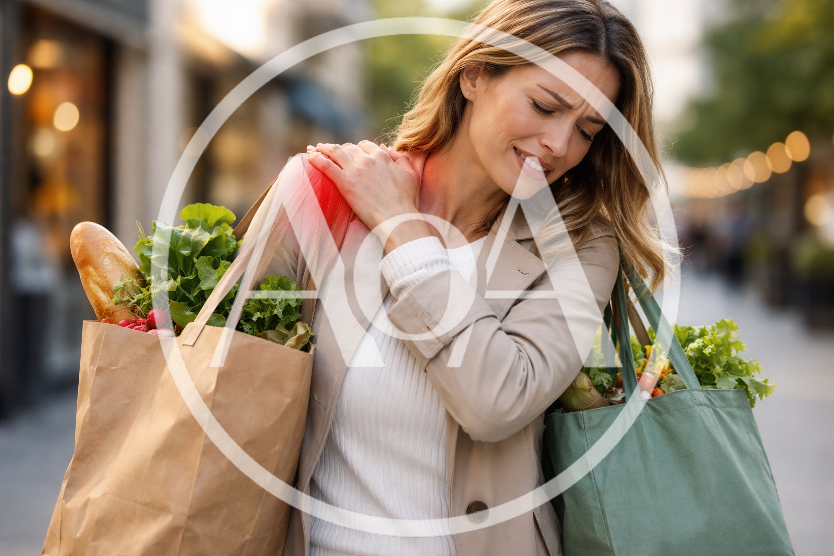 Woman Experiencing Shoulder Pain While Carrying Heavy Grocery Bags
