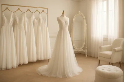 Wedding Dresses Displayed In A Bridal Boutique