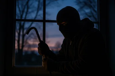 Burglar Wearing Balaclava Holding Crowbar Near Window