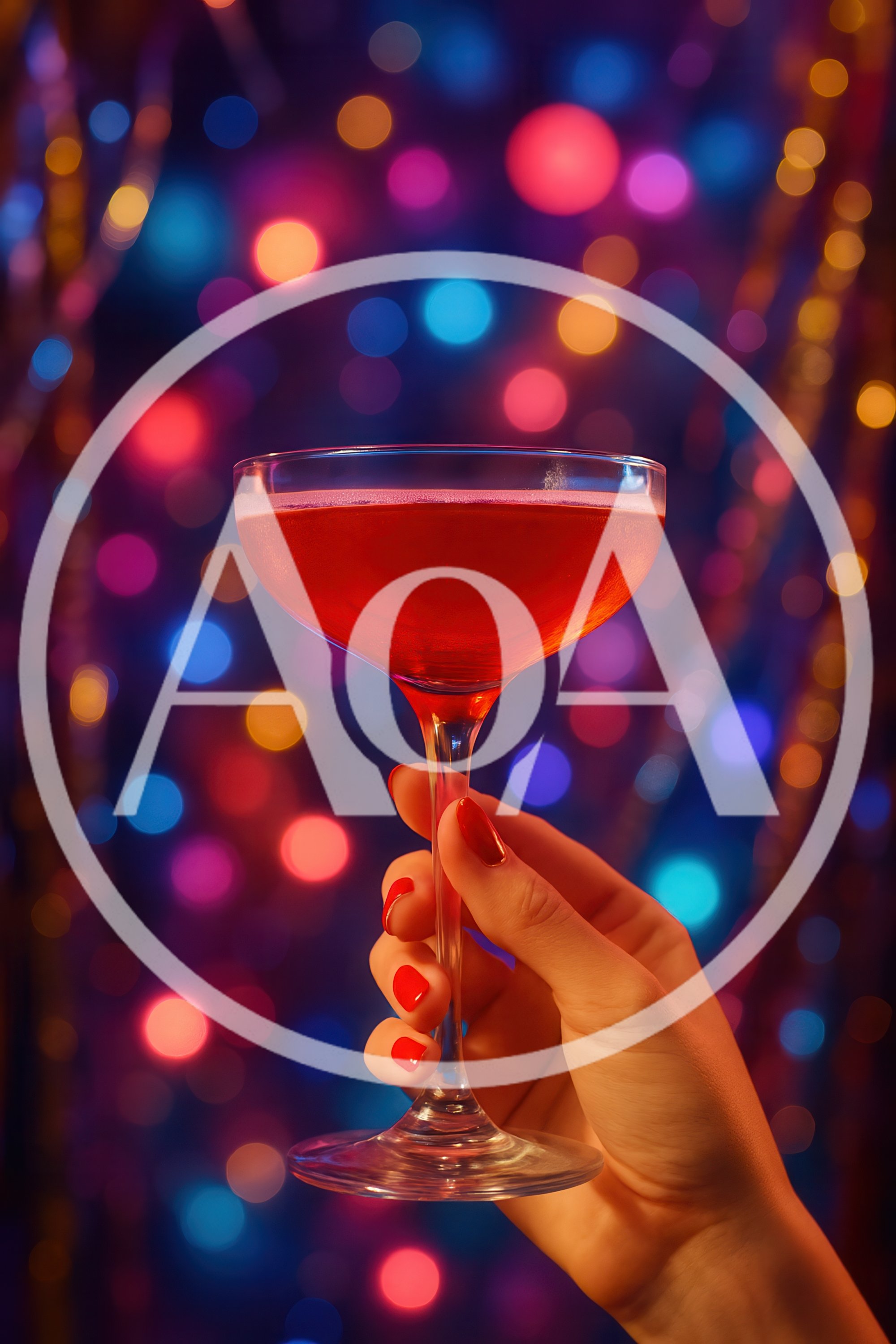 Hand Holding A Red Cocktail Glass Against Bokeh Lights
