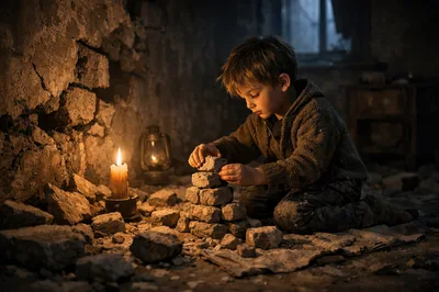 Young Boy Playing With Stones In A Dark Ruined Room