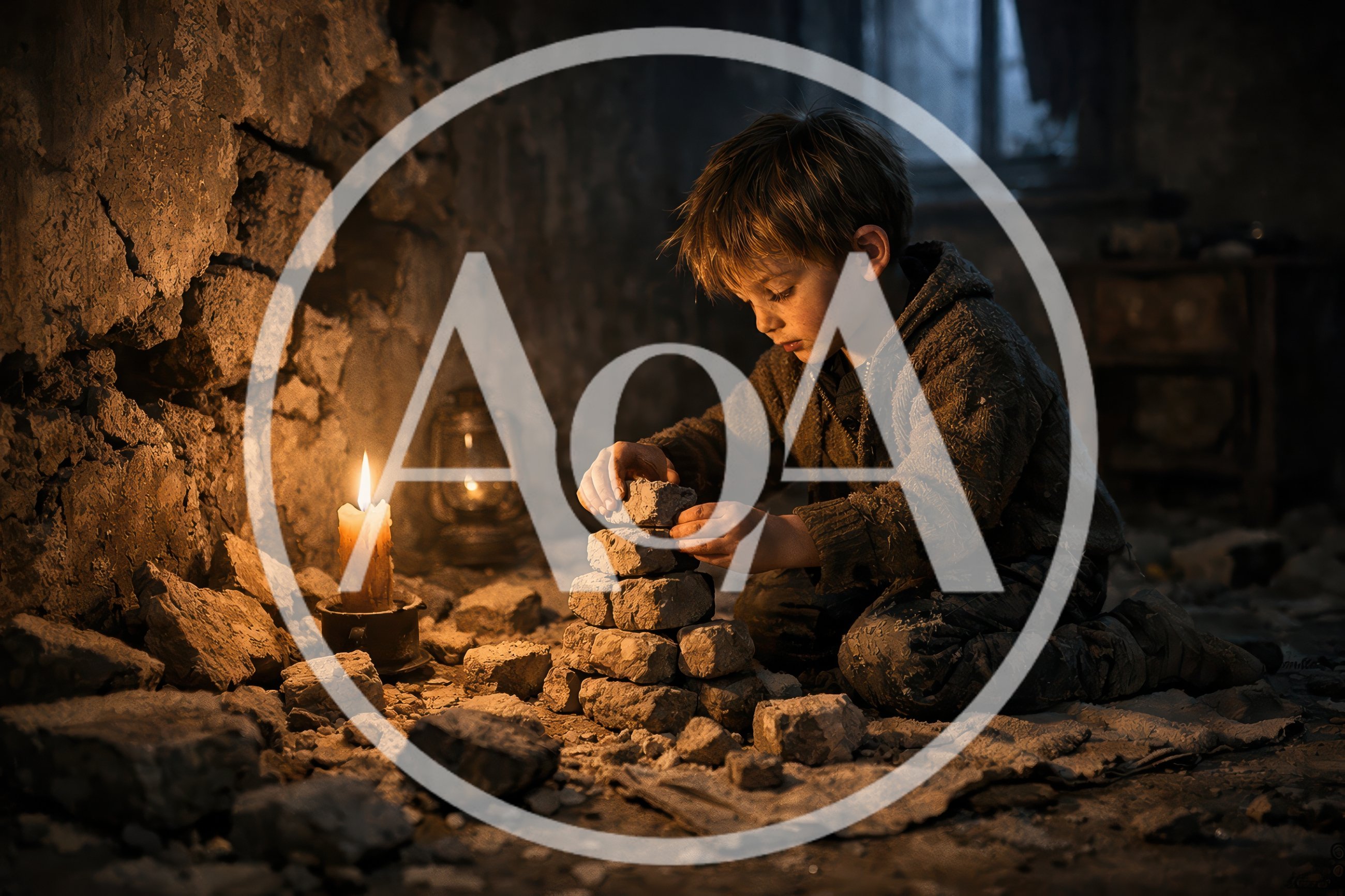 Young Boy Playing With Stones In A Dark Ruined Room