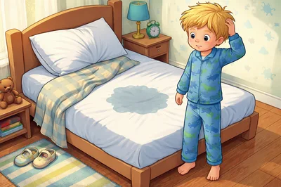 Young boy having bedwetting accident in bedroom