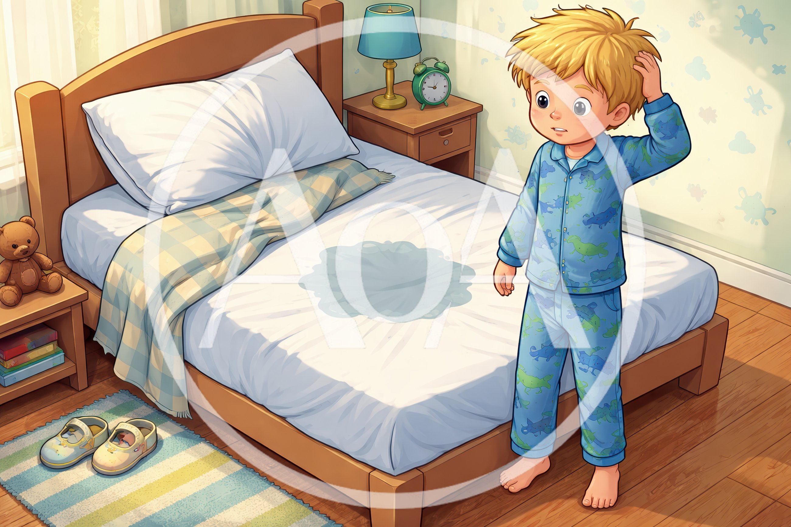 Young boy having bedwetting accident in bedroom
