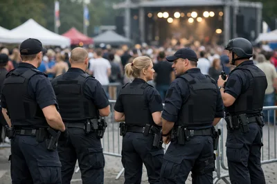 Police Officers Standing Guard at Outdoor Music Festival