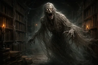 Terrifying Ghostly Skeleton Haunting An Ancient Dark Library