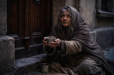 Elderly Homeless Woman Begging On City Street