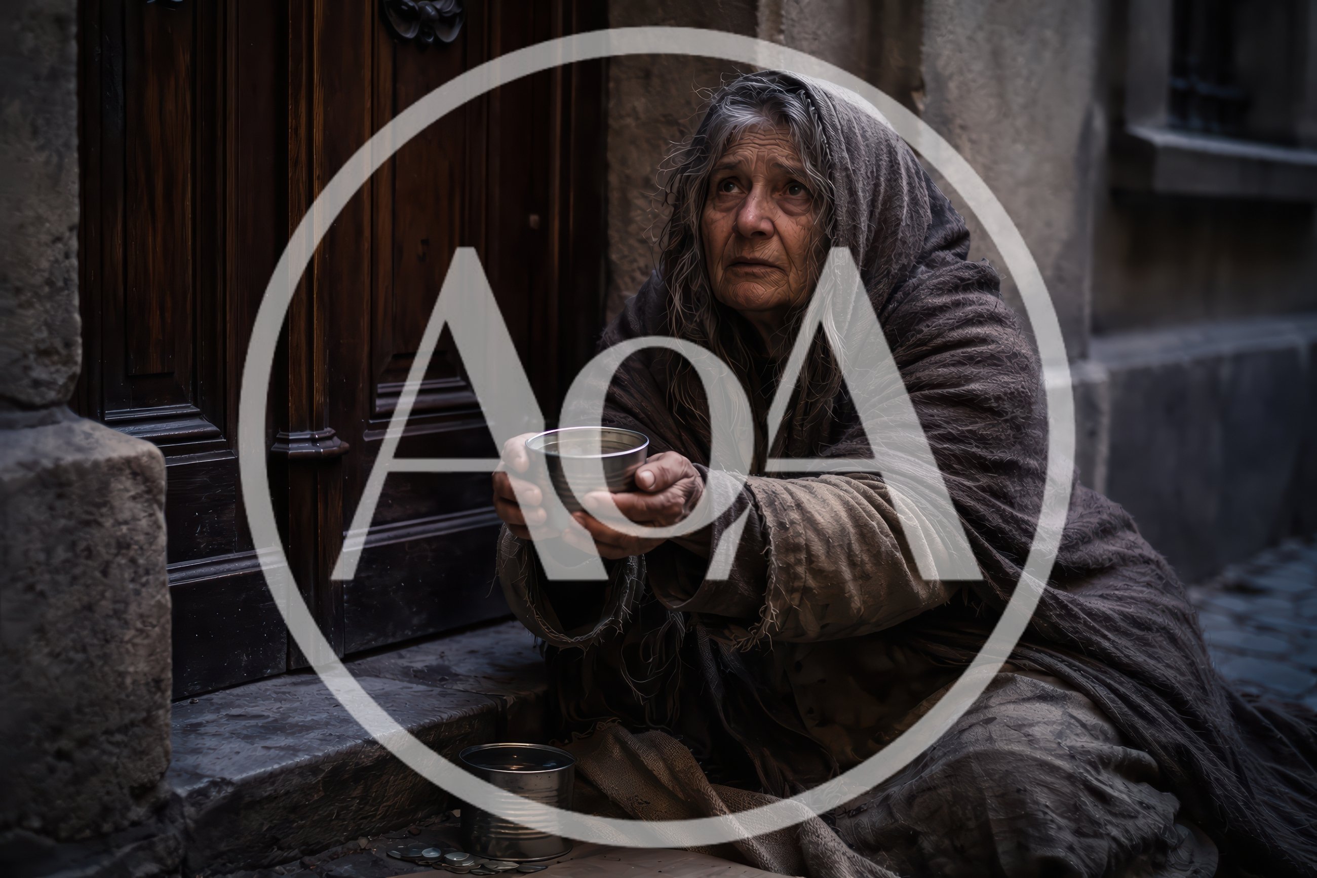 Elderly Homeless Woman Begging On City Street