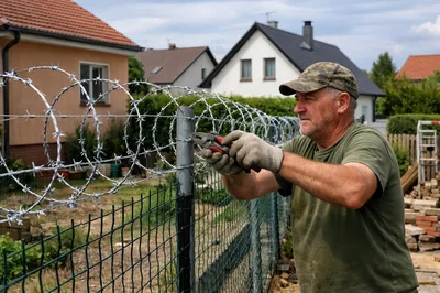 Construction Worker Installing Razor Wire Fence