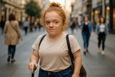 Young Woman With Dwarfism Walking Through A Busy City