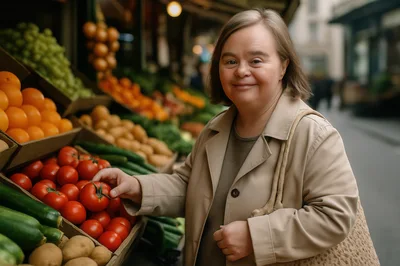 Woman With Down Syndrome Shopping For Fresh Tomatoes