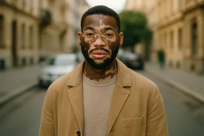 Portrait Of A Man With Vitiligo In City Street