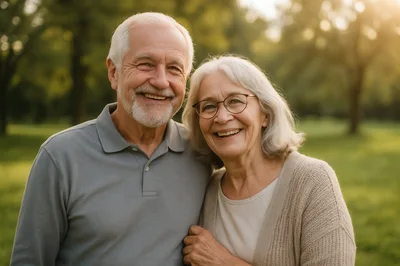Happy Senior Couple Embracing in a Sunny Park