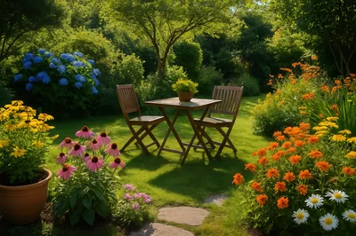 Wooden Table And Chairs In A Lush Garden