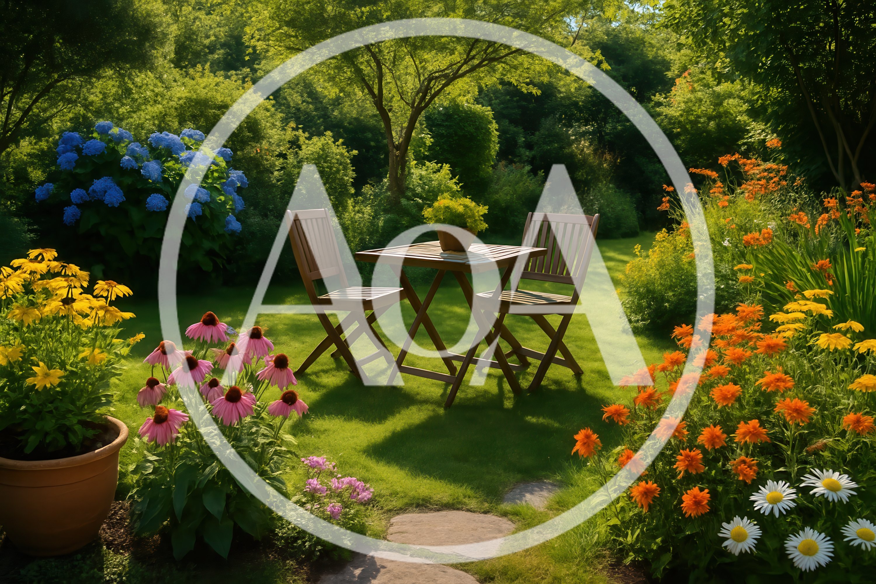 Wooden Table And Chairs In A Lush Garden