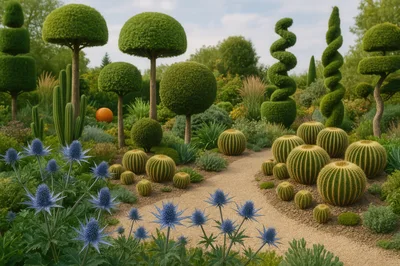 Topiary Garden With Cacti And Blue Thistle Flowers