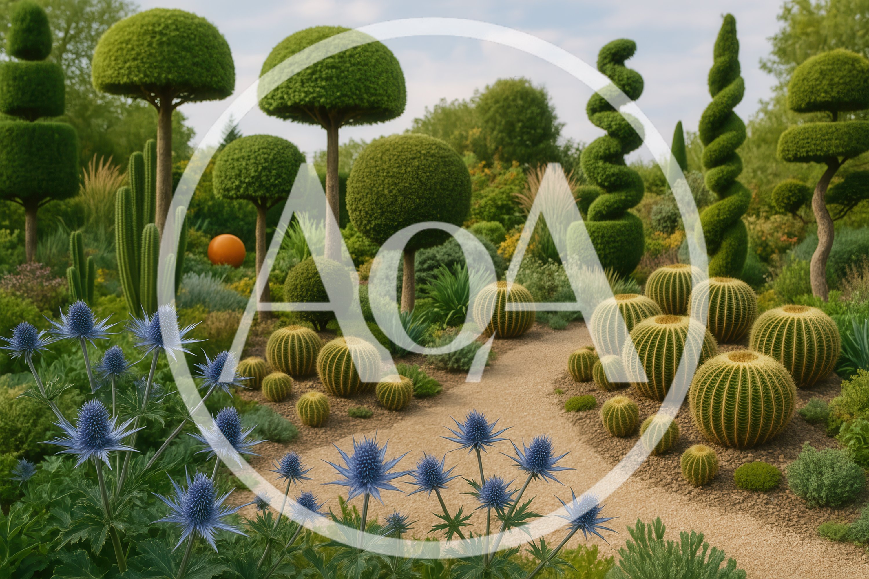 Topiary Garden With Cacti And Blue Thistle Flowers
