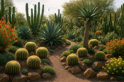 Desert Garden With Golden Barrel Cacti And Agave