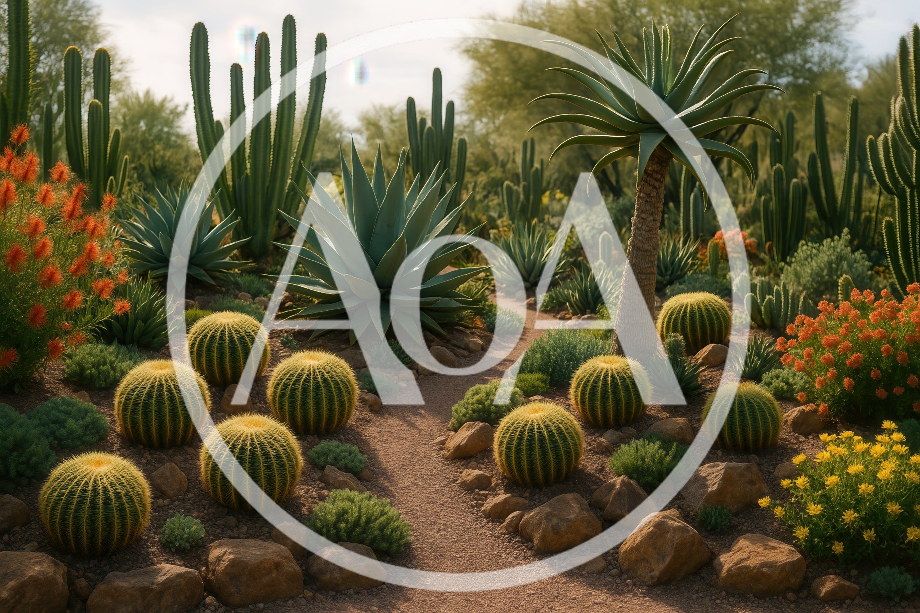 Desert Garden With Golden Barrel Cacti And Agave
