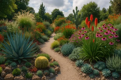 Desert Garden Path With Succulents And Flowering Plants