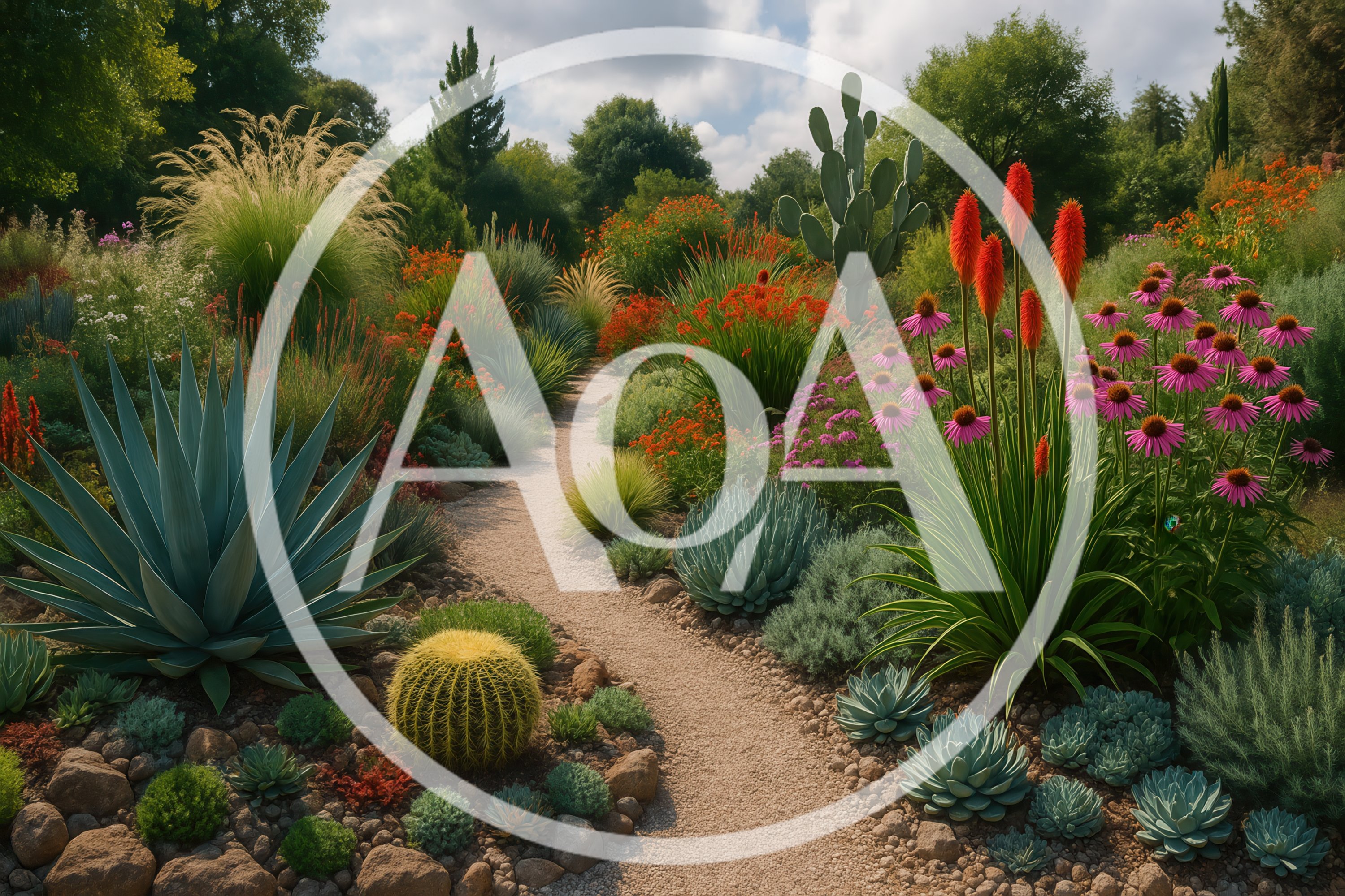 Desert Garden Path With Succulents And Flowering Plants