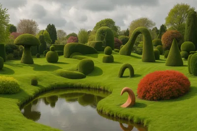 Surreal Topiary Garden With Sculpted Greenery And Pond