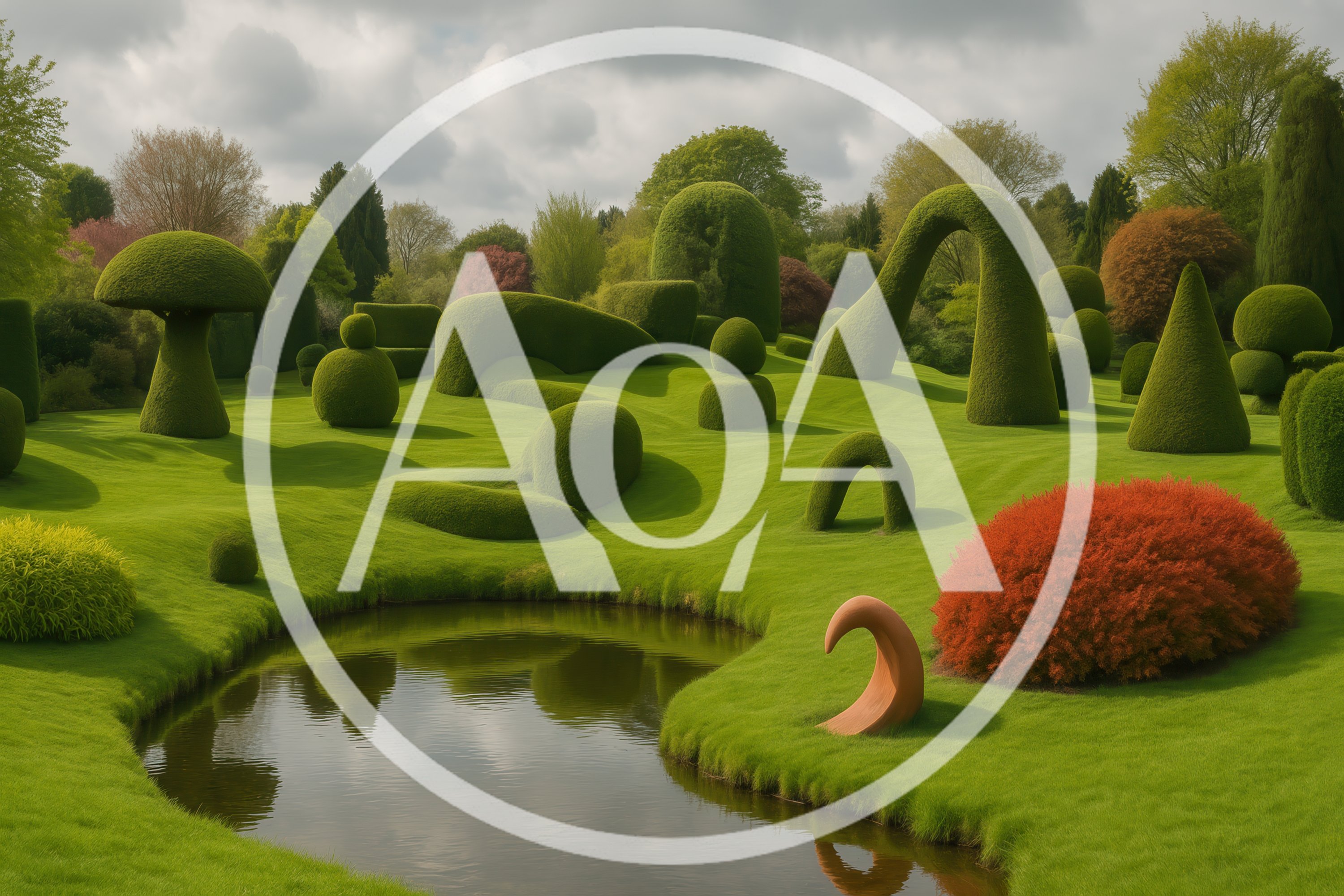 Surreal Topiary Garden With Sculpted Greenery And Pond