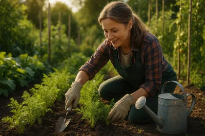 Woman Gardening In A Sunny Vegetable Patch