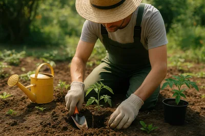 Gardener Planting Tomato Seedlings In A Sunny Garden