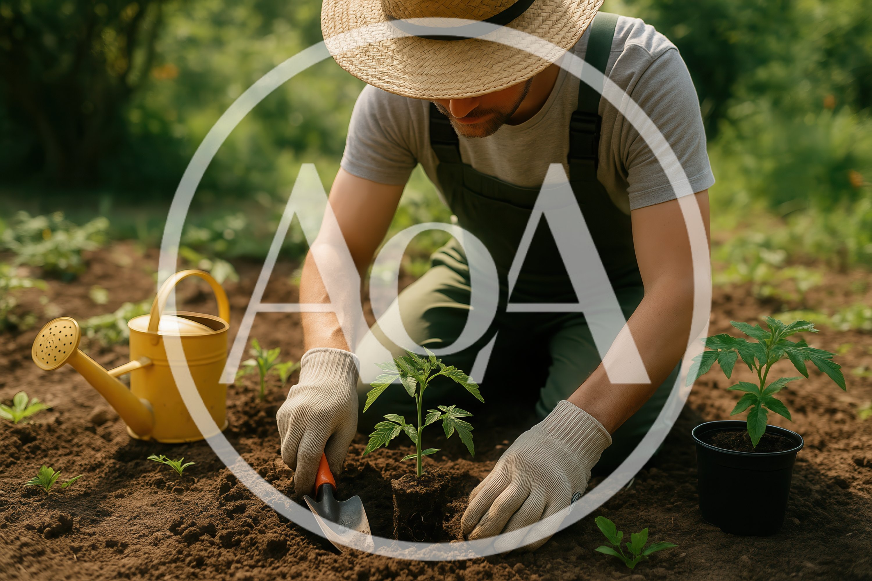 Gardener Planting Tomato Seedlings In A Sunny Garden