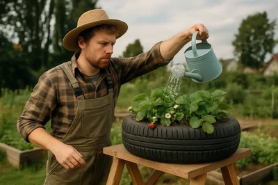 Farmer Watering Strawberry Plants In A Recycled Tire Planter