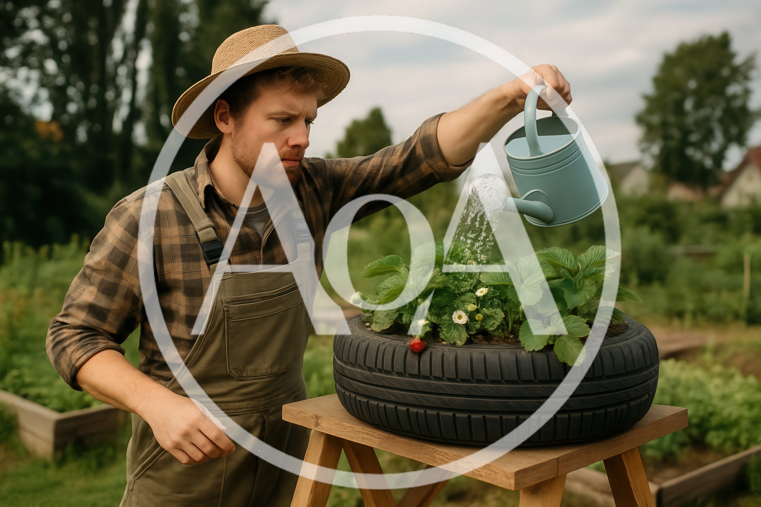 Farmer Watering Strawberry Plants In A Recycled Tire Planter