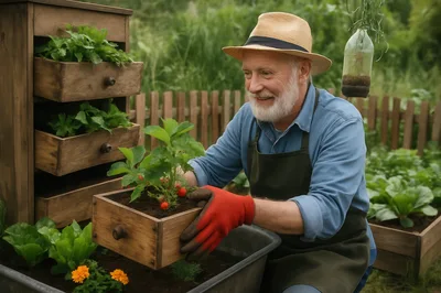 Senior Gardener Planting Strawberries In A Wooden Drawer