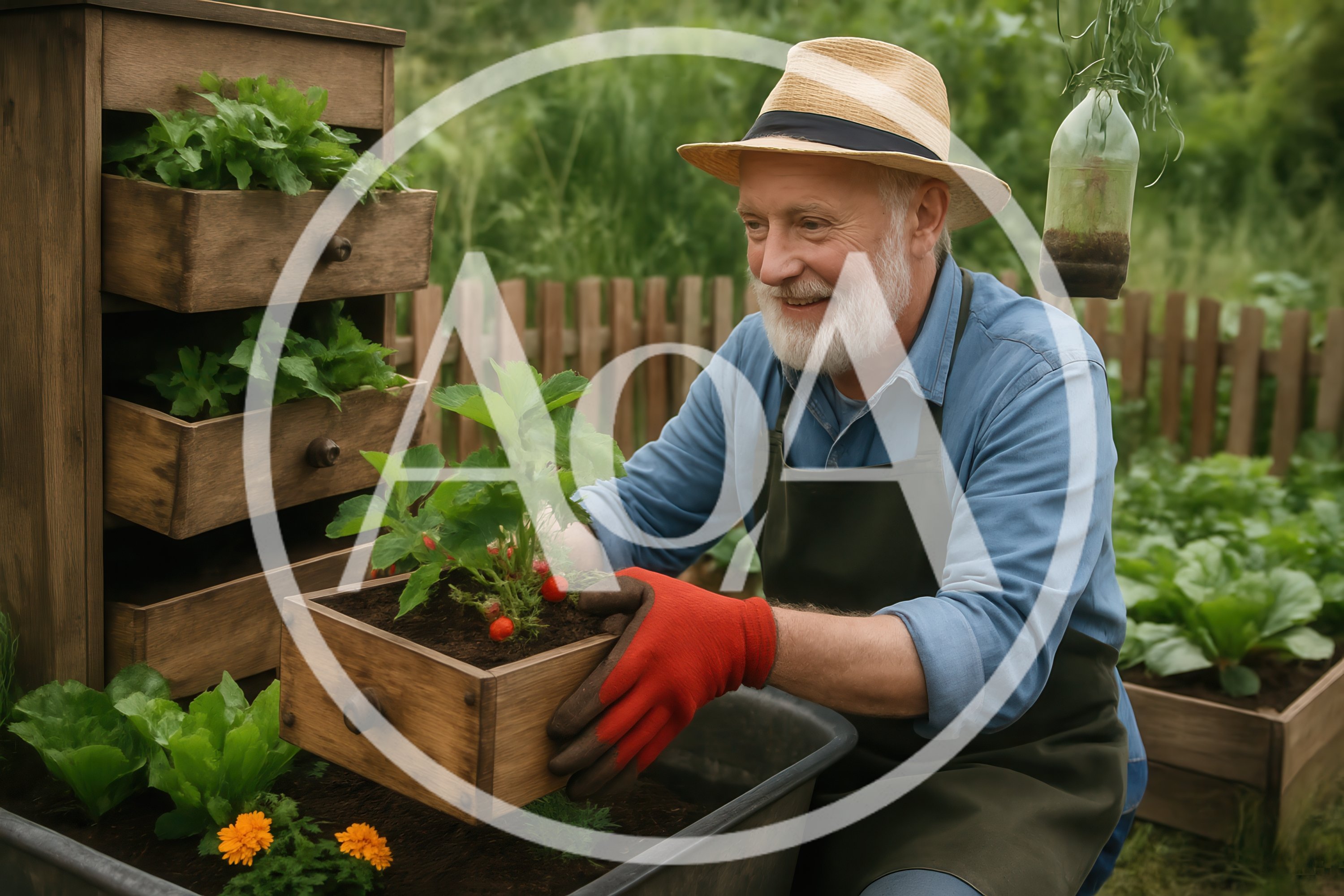 Senior Gardener Planting Strawberries In A Wooden Drawer