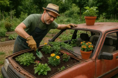 Mature Man Gardening In A Repurposed Car Hood