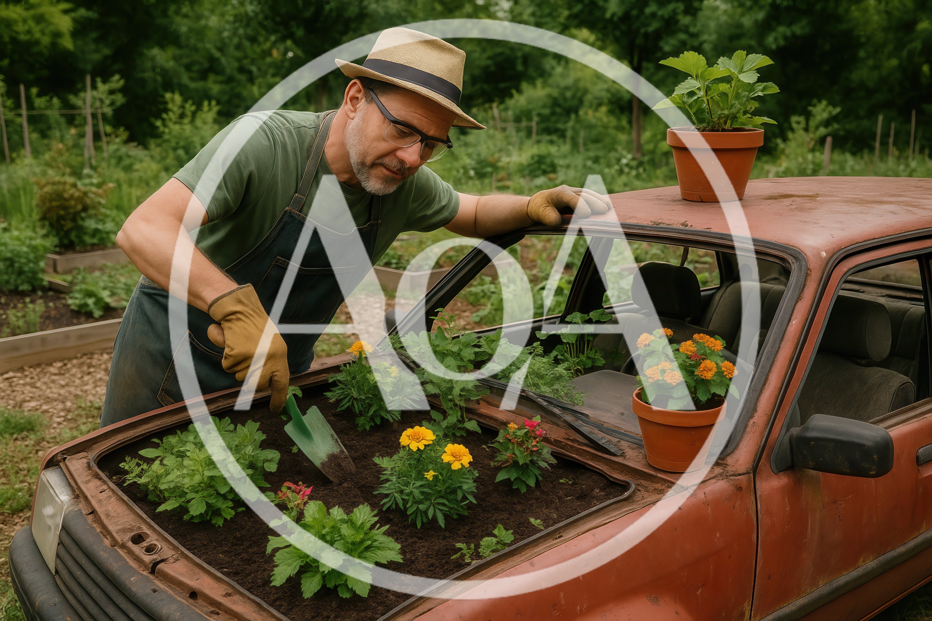 Mature Man Gardening In A Repurposed Car Hood