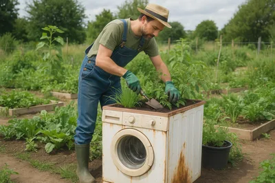 Farmer Gardening In A Repurposed Washing Machine Planter