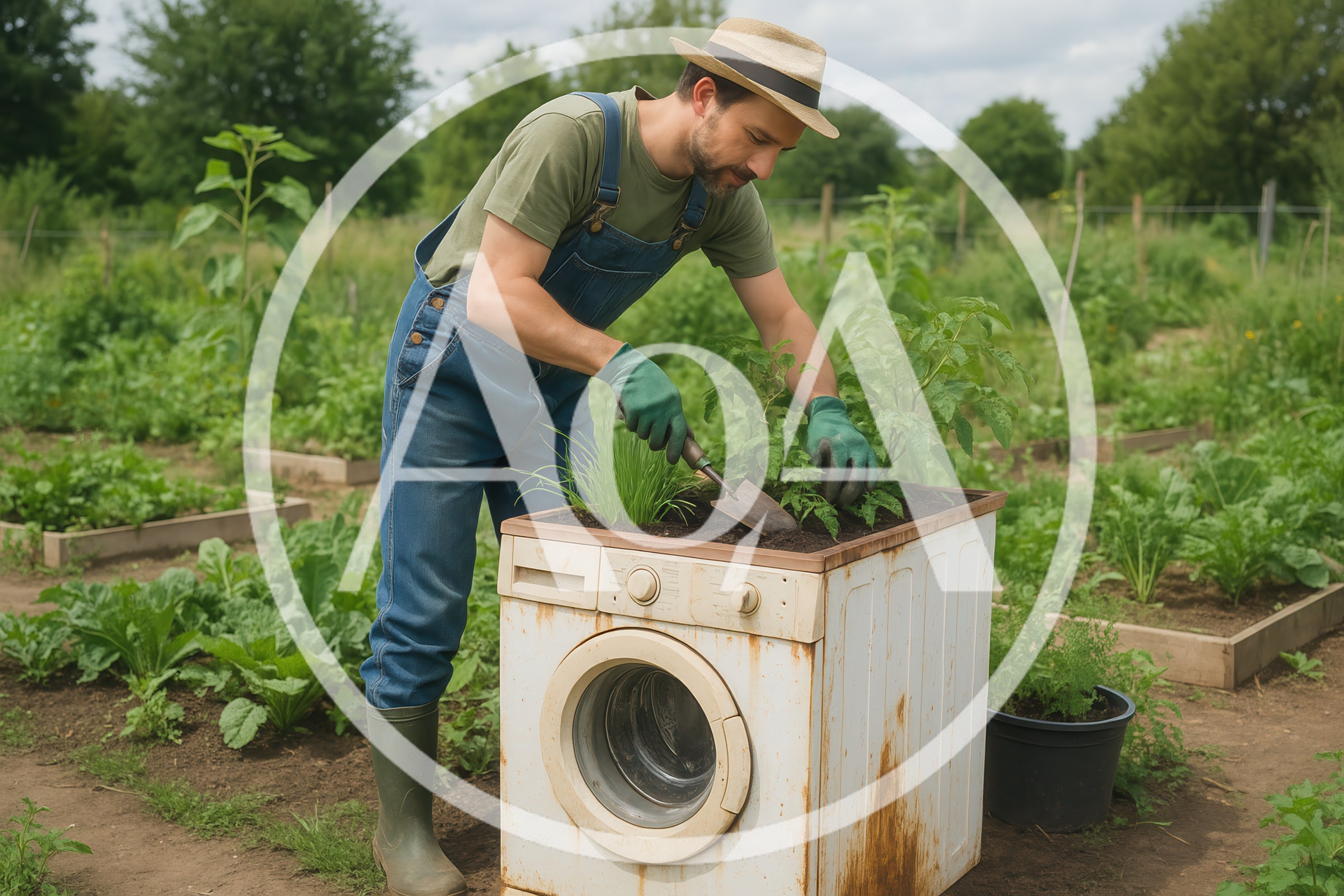 Farmer Gardening In A Repurposed Washing Machine Planter