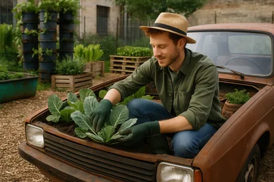Young Man Gardening In A Repurposed Rusty Car
