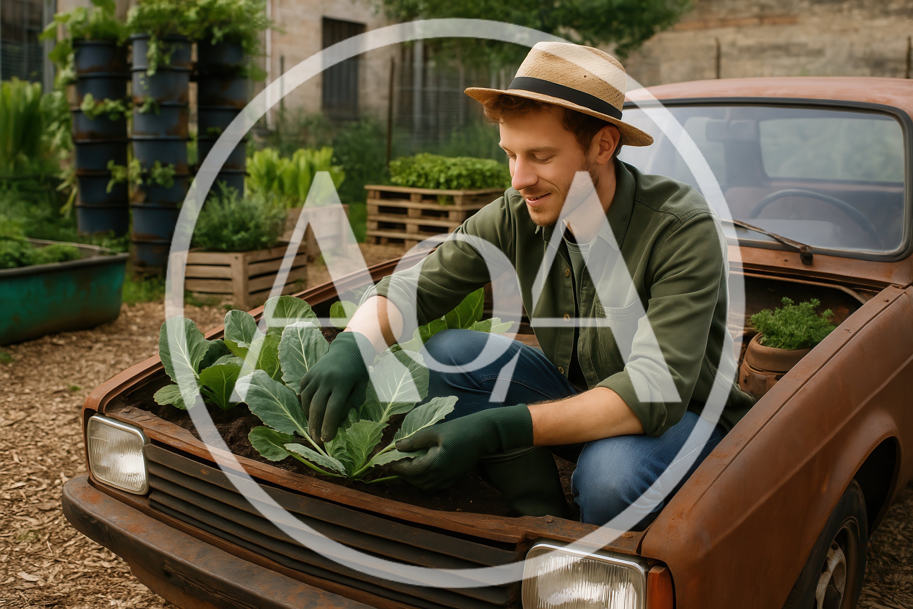 Young Man Gardening In A Repurposed Rusty Car