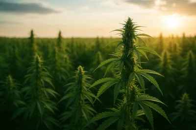 Cannabis Plants Growing In A Field At Sunset