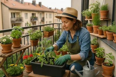 Woman Gardening On A Sunny Apartment Balcony