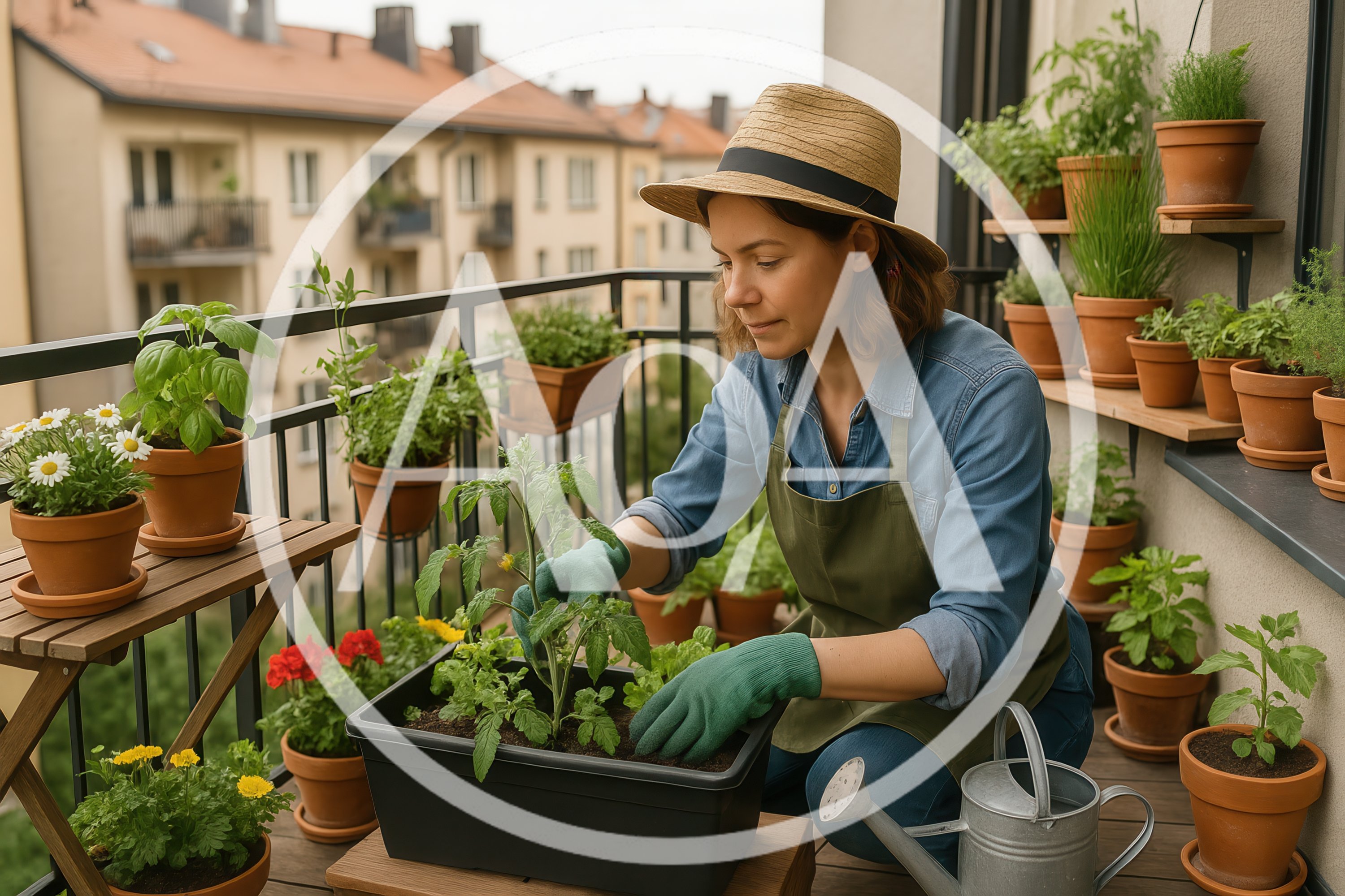 Woman Gardening On A Sunny Apartment Balcony