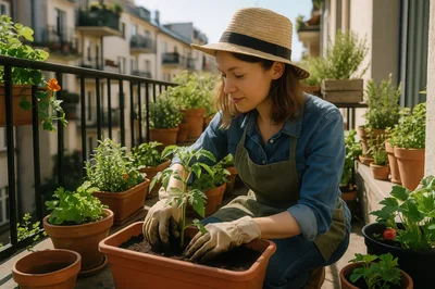 Young Woman Gardening On A Sunny Apartment Balcony