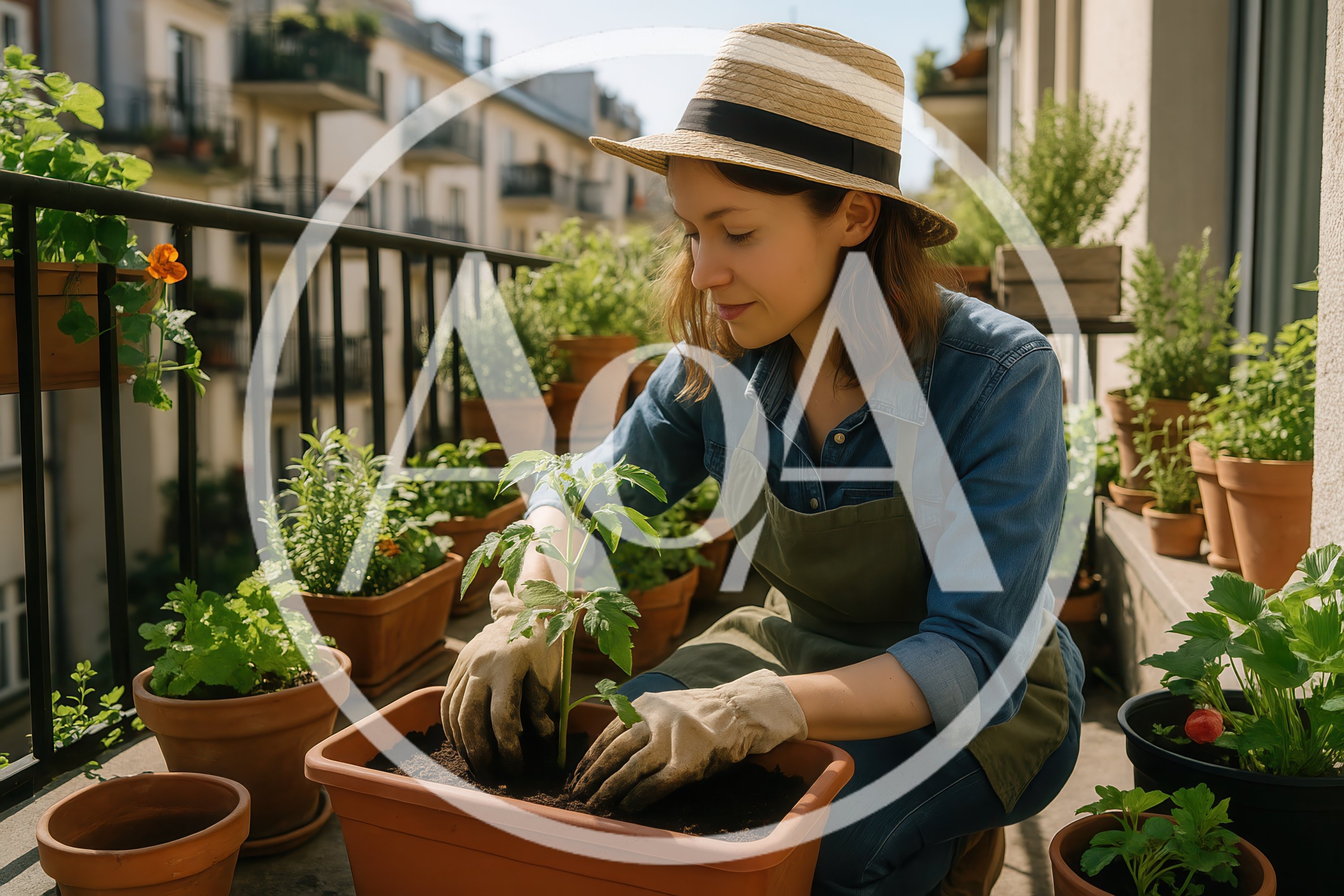 Young Woman Gardening On A Sunny Apartment Balcony