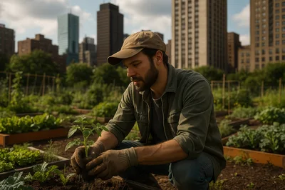 Man Planting Seedling In Urban Community Garden