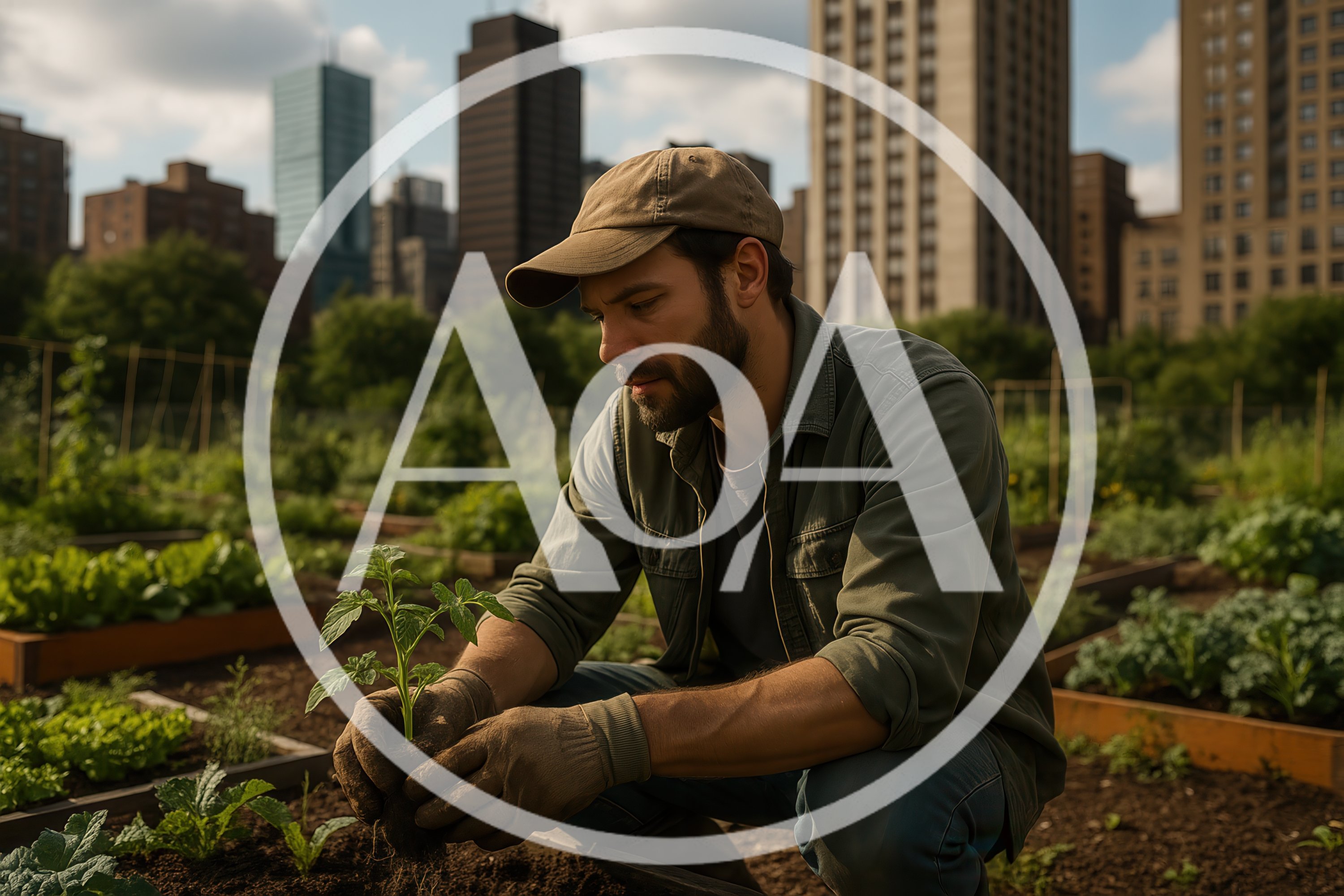 Man Planting Seedling In Urban Community Garden